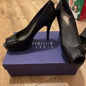 Stuart Weizmann black patent Palace open toe heel.